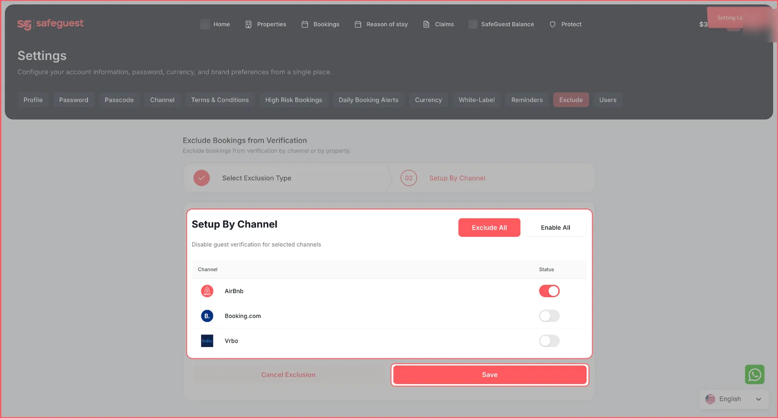 Saving the exclusion settings