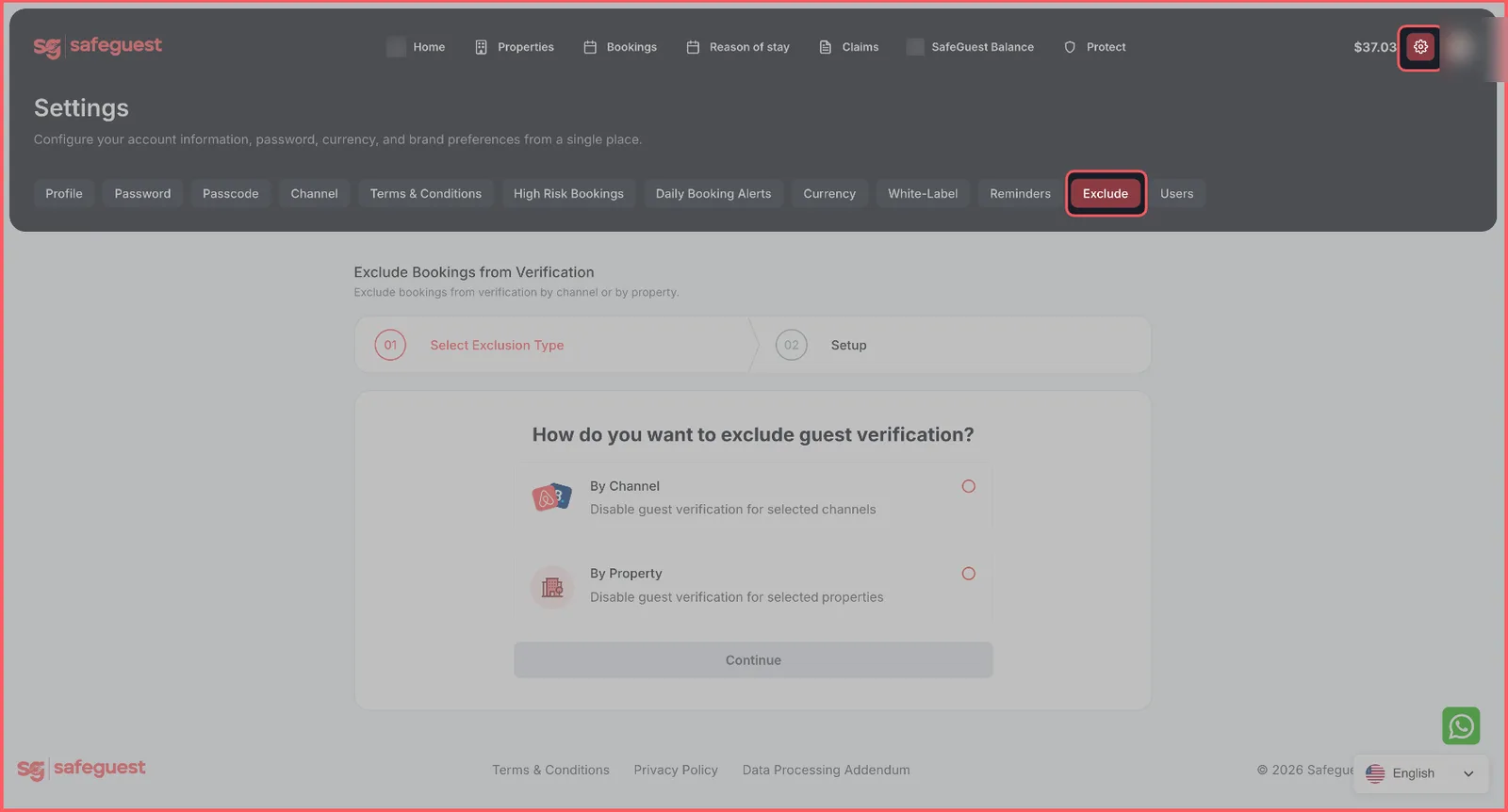Opening the Exclude tab in SafeGuest settings